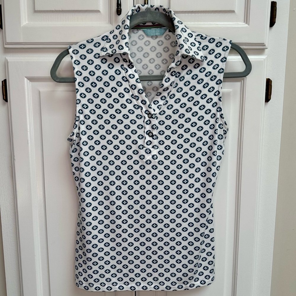 Lizzie Driver Sleeveless Collared Golf Shirt White & Blue Size Small